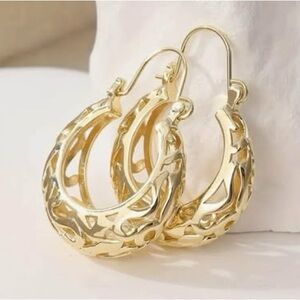 Vintage Hand-Carved Hoop Earrings 14k Gold plated- Tone Timeless Floral-like